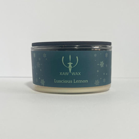 Luscious Lemon 100g candle in handmade glass with a wooden lid and pale label