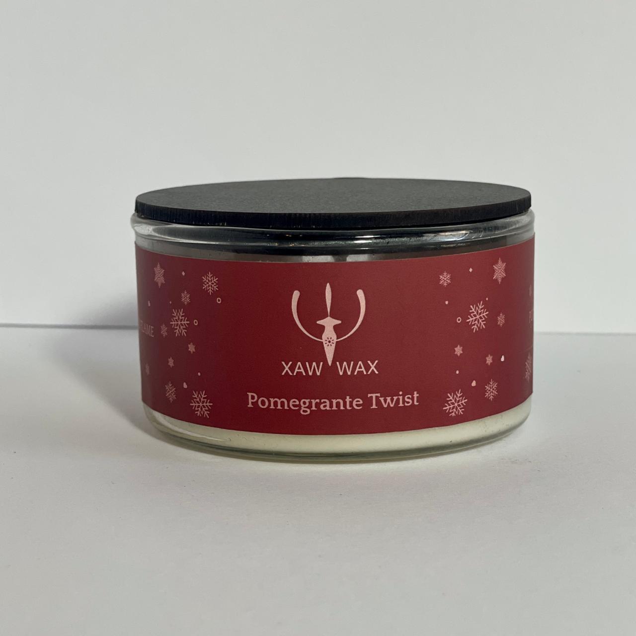 Pomegranate Twist 100g candle in handmade glass with a wooden lid