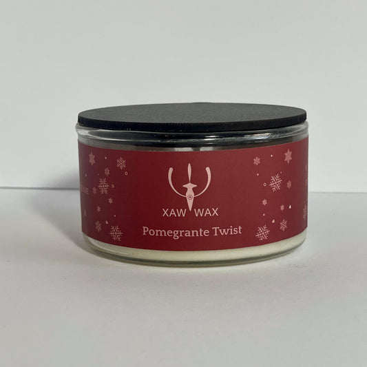 Pomegranate Twist 100g candle in handmade glass with a wooden lid