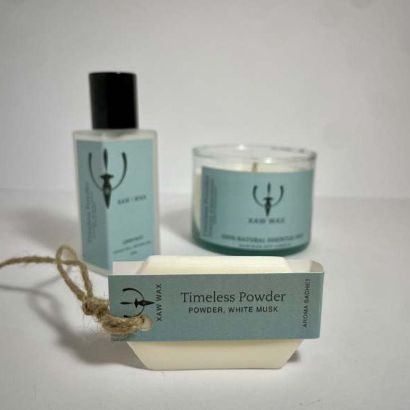 Timeless Powder collection: Linen Mist, candle and sachet