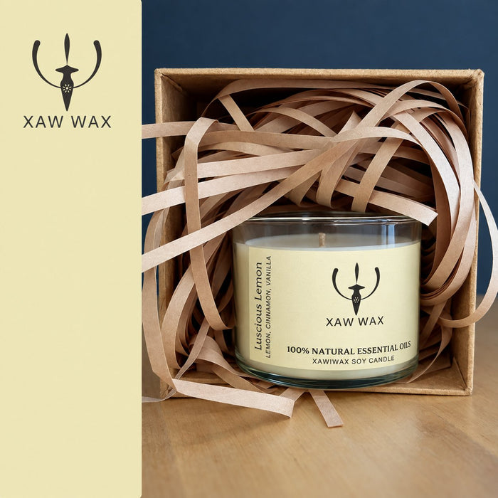 Luscious Lemon 150 g candle in a kraft box with a coordinated colour strip